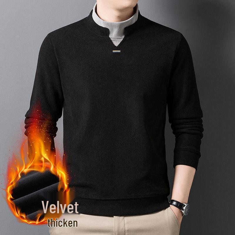 Men's Autumn/Winter Thickened Long-Sleeve Top, Half-High Collar, Plus Velvet Warm Knit Base Layer.