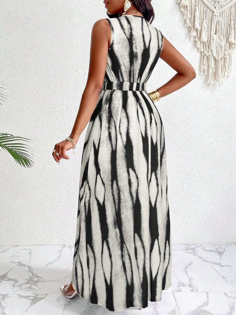 Elegant European & American Women's Sleeveless V-Neck Dress - Sexy, Fashionable, Printed Design 2026