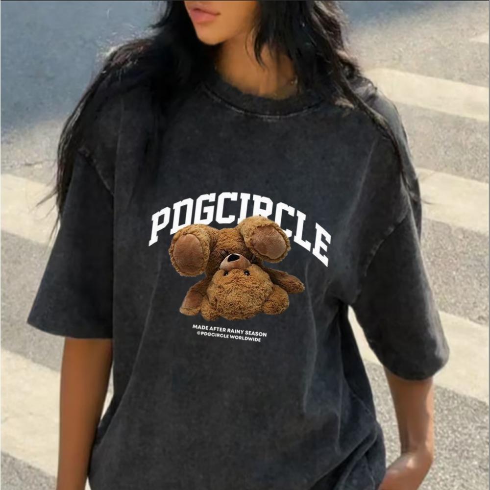 Washed Cotton Cute Teddy Bear Print T-Shirt Casual Cartoon Bear Graphic Tee Loose Short Sleeve for Daily