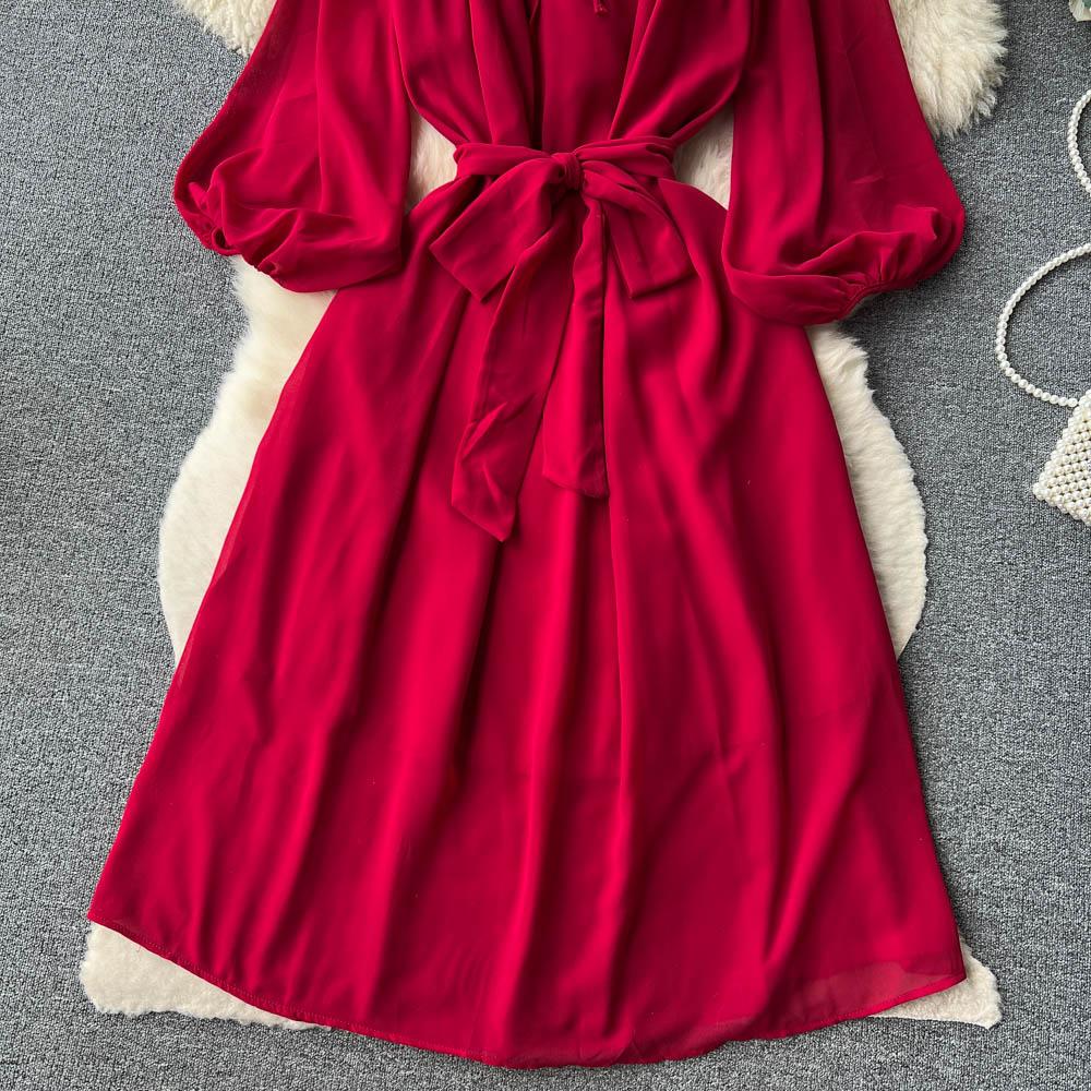 Francouzské šik Maxi šaty pro ženy Sklopný límec Lucerna Rukáv Šněrovací Dámské letní šaty Dámské Vestidos Dropship