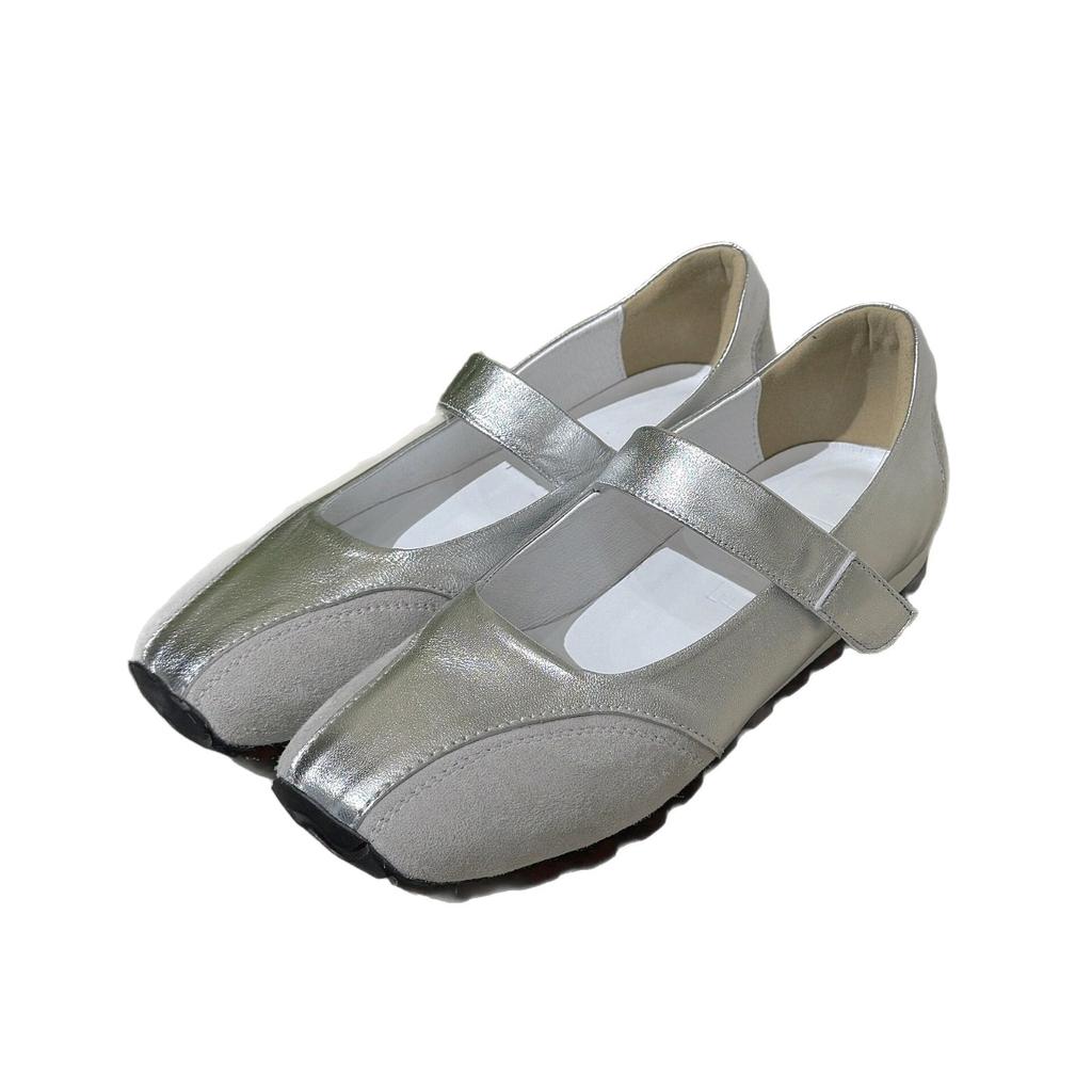 Sheepskin version~ Korean version of spring new leather silver light mouth with single shoes women's square head thick sole Mary Jane women's shoes