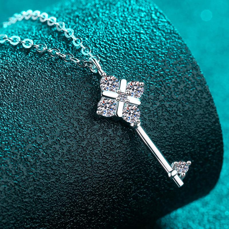 S925 Sterling Silver Key Pendant Necklace with Moissanite: Elegant, Simple, Trendy Everyday Jewelry for Women