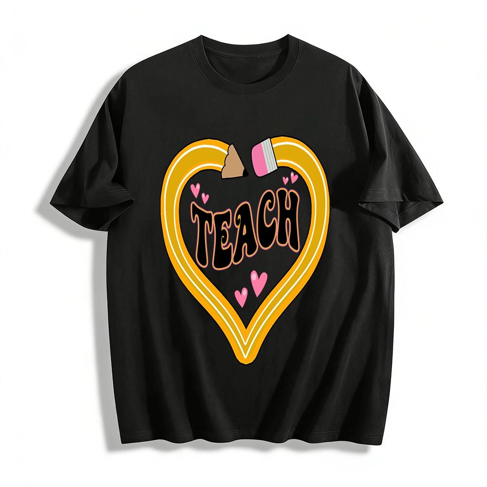 Heart Pencil TEACH Print Teacher Themed Casual Top Pure cotton T-shirt XXS