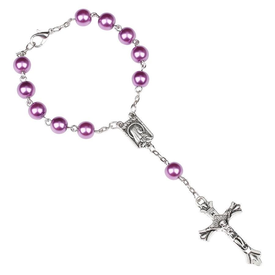 Purple Glass Pearl Rosary Bracelet With Cross Pendant Religious Jewelry
