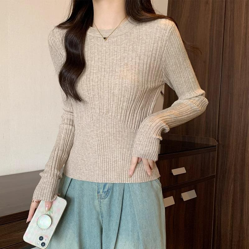 French Gentle Little Fragrance Apricot Color Knitted Bottoming Shirt for Women with Autumn and Winter New Round Neck Slim Short Top Inside the Sweater