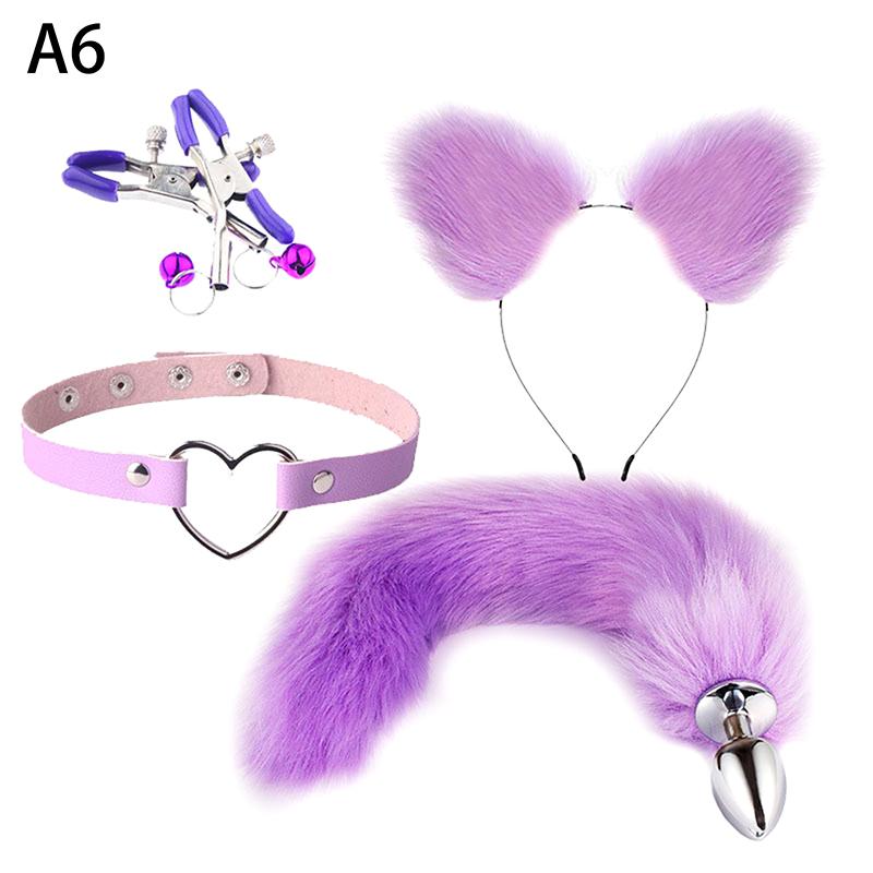 4Pcs Set Cute Fox Butt Tail Collar Anal Plug Nipple Clamp Soft Cat Ears Headbands Cosplay Adult Sex Toys Accessories