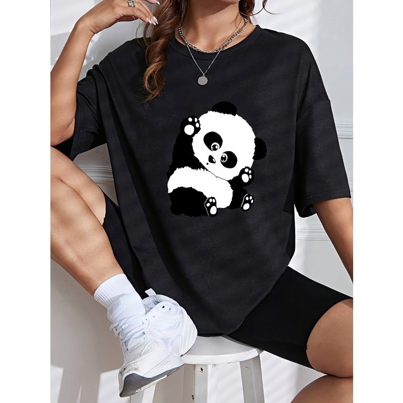 Niedliches Panda-Print T-Shirt Weiß Cartoon Panda Design Für Freizeitkleidung Und Alltagsoutfits