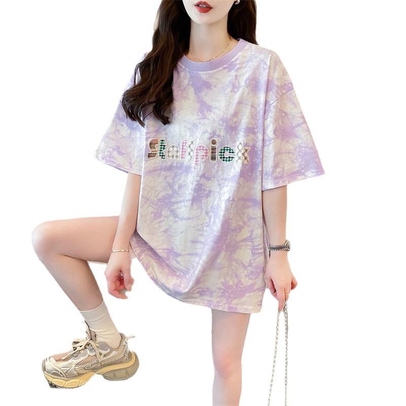 

Летняя футболка большого размера с короткими рукавами, женская одежда, приталенная, свободная, с вышивкой 2XL фиолетовый