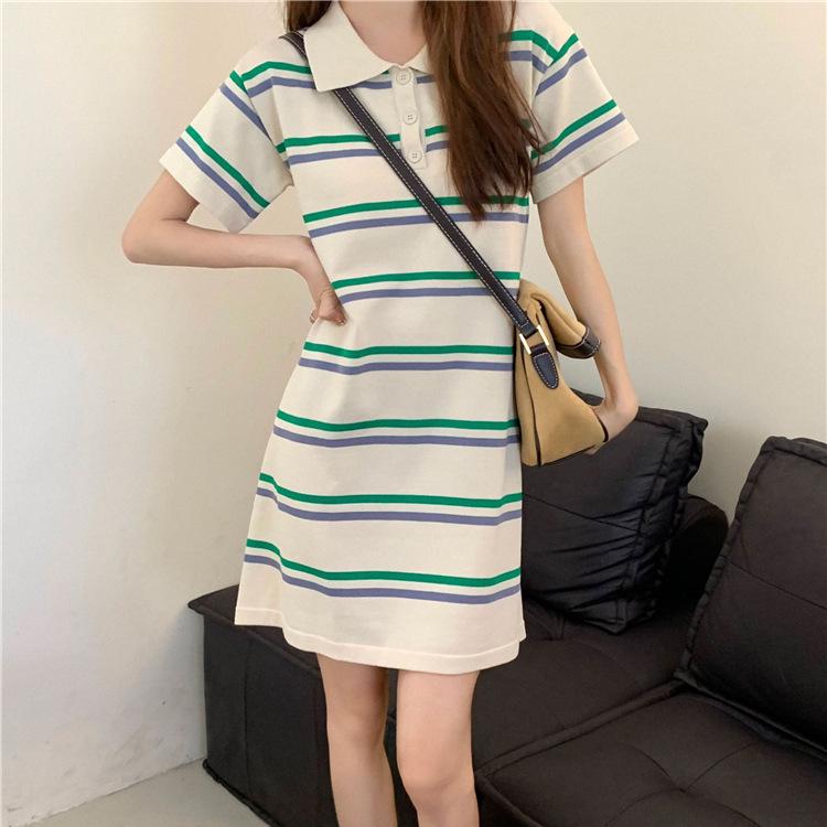 Women's A-line Summer Polo Dress: Loose Stripe Knit with Contrasting Buttons and Short Sleeves