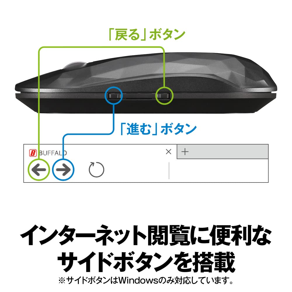 Buffalo Wireless Mobile Mouse Receiver Included FLEXUS Thin and Lightweight 5 Buttons Buttons Wireless Quiet BlueLED MIL Standard Compliant dpi