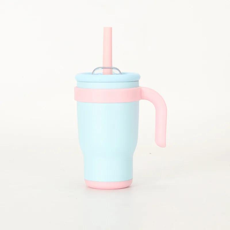 Color Blocking 14Oz Straw Car Cup, Children'S Student Insulated Cup, Stainless Steel Water Cup Handle, The Best Gift For Car Cup