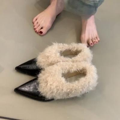 Spitze pelzige Einzel-Schuhe Damen dicker Absatz Plüsch warm kleine Lederschuhe Herbst und Winter Mary Jane Schuhe Baumwollschuhe