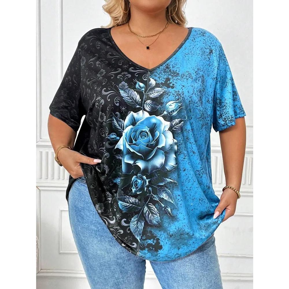 Summer V-neck Flower Pattern 3D Printed Top Fashionable Casual Short Sleeved Plus Size Women's T-shirts