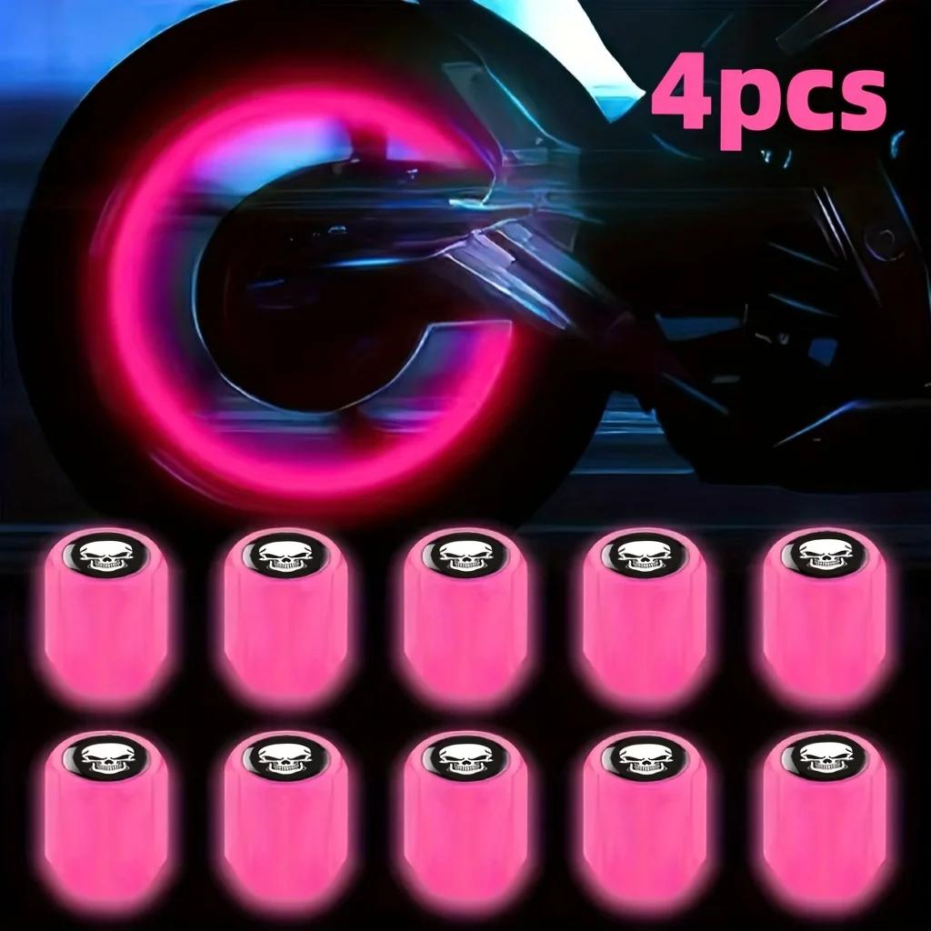 4 new fluorescent skull tire valve covers, fashionable luminous wheel hub valve caps suitable for cars