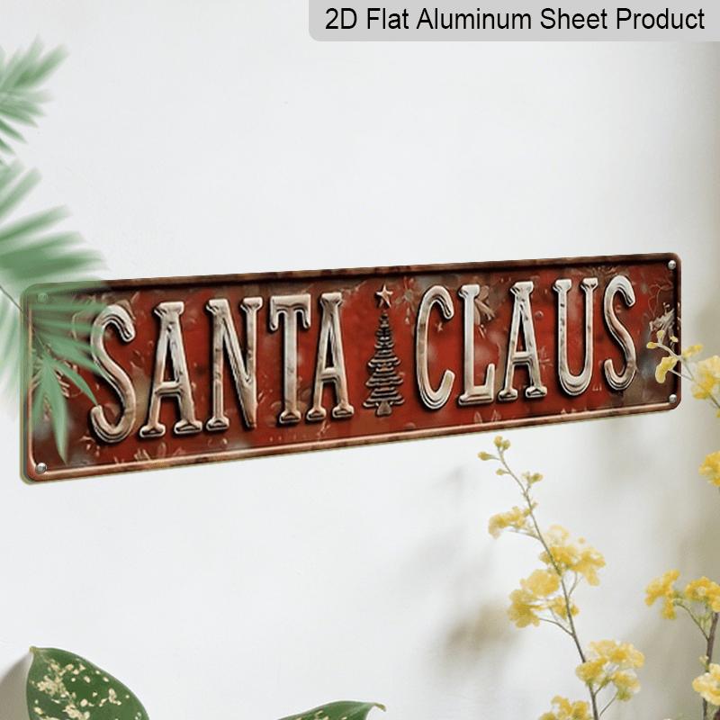 2D Flat 1pc, 15.7×3.94inch Vintage Santa Claus & Christmas Tree Metal Wall Sign, Aluminum Decorative Sign, Rustic Aluminum Holiday Decoration