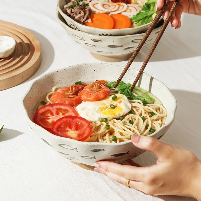 Coarse Pottery Bowl, Retro Ceramic Tableware, Underglaze Colored Noodle Bowl, Lace Soup Bowl, Household Hat Commercial Ramen