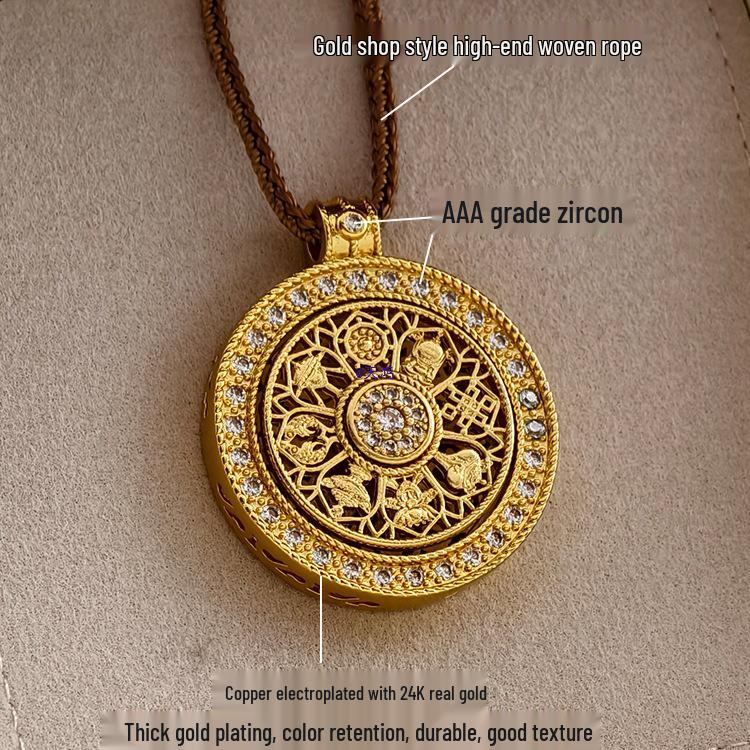 2025 Women's Ancient Gold Eight Treasures Compass Necklace with Braided Rope Chain