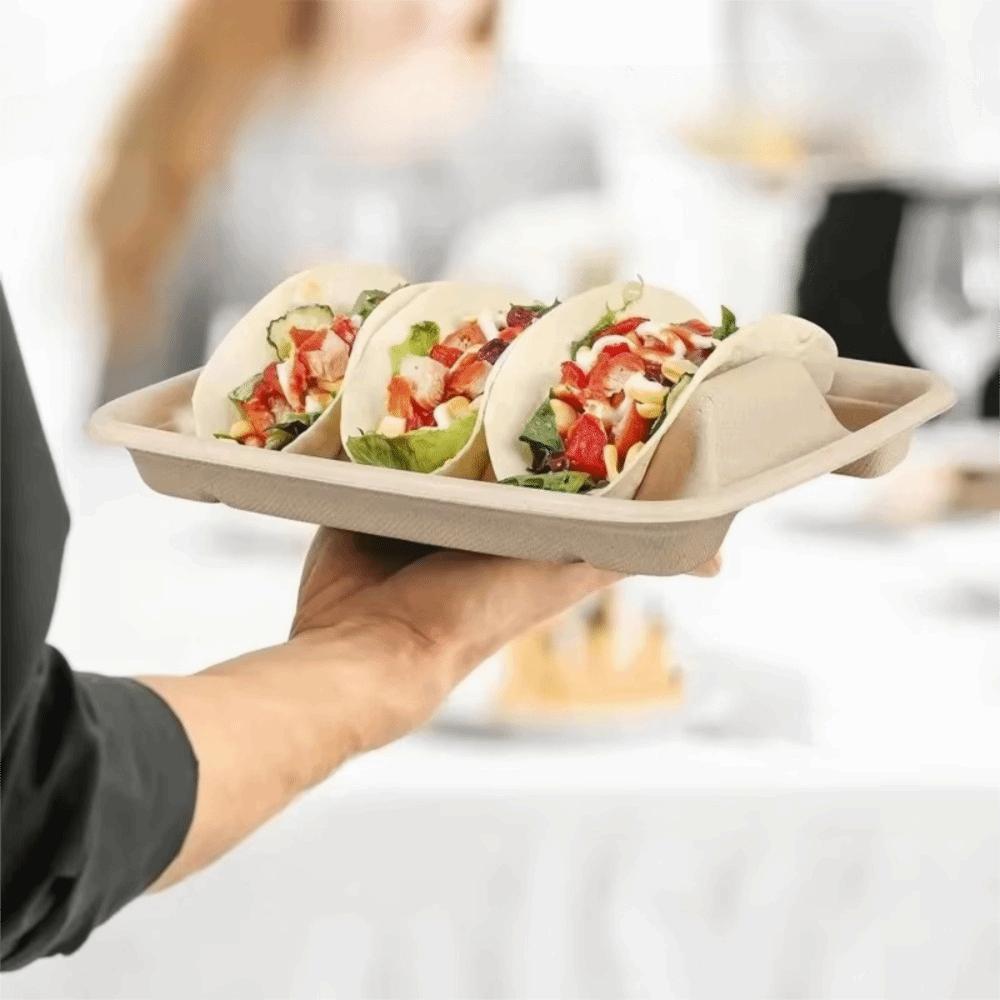 50Pcs with Lid Disposable Taco Plates 3 Compartments Taco Serving Tray Taco Holder  School