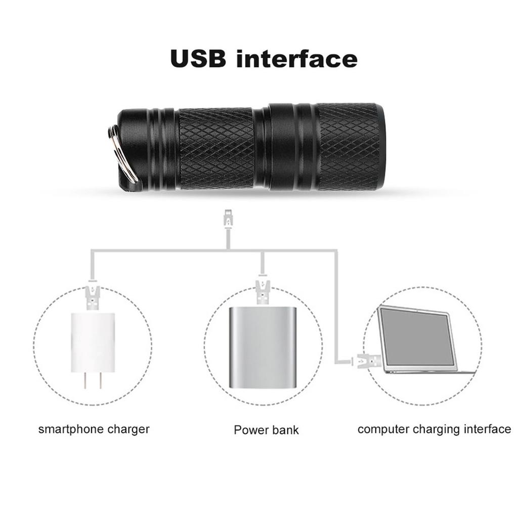 Mini Portable USB Rechargeable LED Flashlight Lamp Keychain Pocket Torch Light (Black)