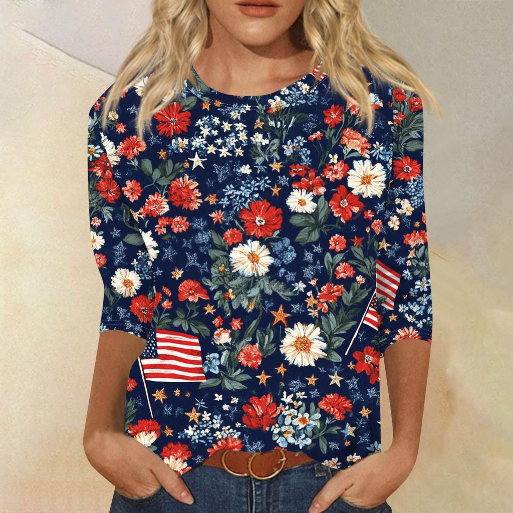 Women's Fashion Casual Round Neck 3/4 Sleeve Loose Printed T-Shirt Ladies Top