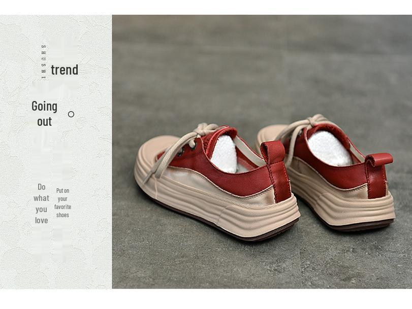 Women's Round Toe Lace-Up Leather Sneakers - 2025 Spring Collection