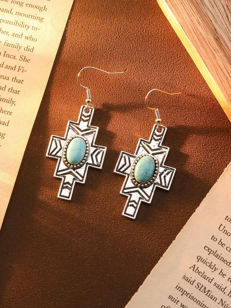 Earrings Bohemian Ethnic Style Earrings Diamond Turquoise Hollow Earrings Women'S Retro Versatile Earrings