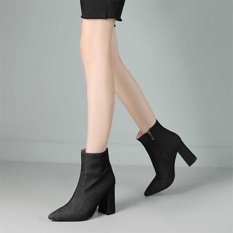 FOREADA Damen Stiefeletten Spitz Zehenbereich Klobige Hohe Absätze Reißverschluss Denim Kurze Stiefel Damenmode Herbst Winterschuhe Dunkelblau 43