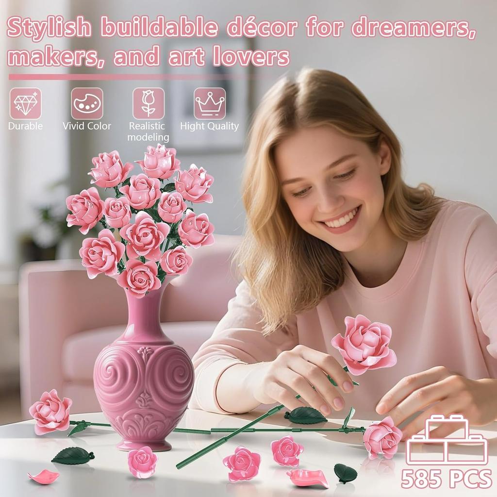 Pink Roses Bouquet Building Set, Artificial Flowers Botanical Collection Blocks Kit DIY Fake Roses for Adults Women Valentines & Mother's Day