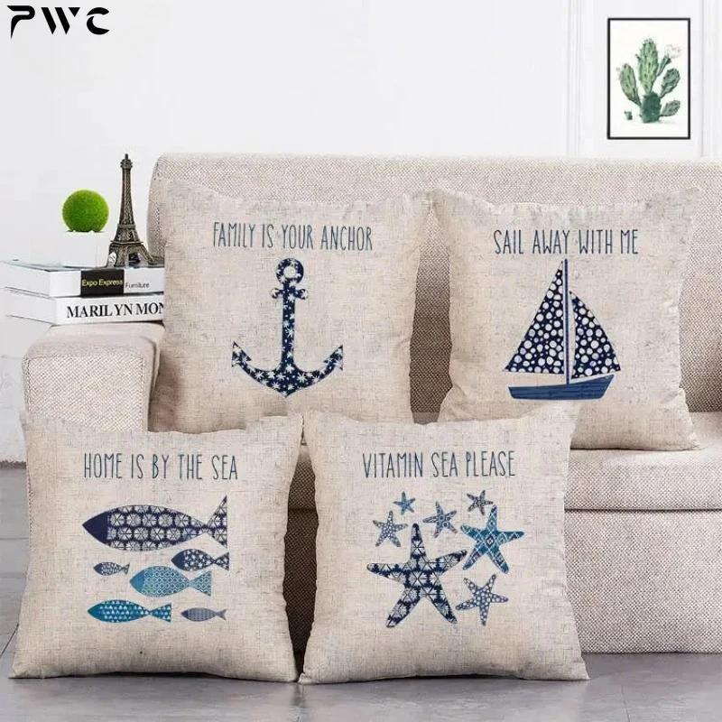 Navigation Nautical Throw Pillow Cover Beach Anchor Cushion Cover Fish Linen Decoration Life buoy Pillowcase 45x45cm