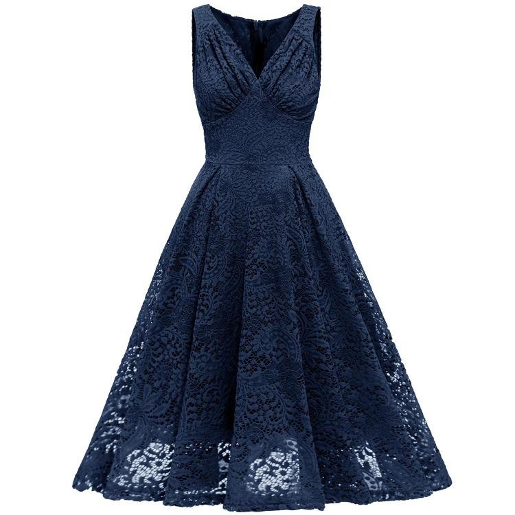Elegant Vintage Lace Dress for Women V Neck Ruched Bust Cinched Waist Milkmaid Prom Skater Midi Cocktail Evening Party Formal Special Occasion Outfits