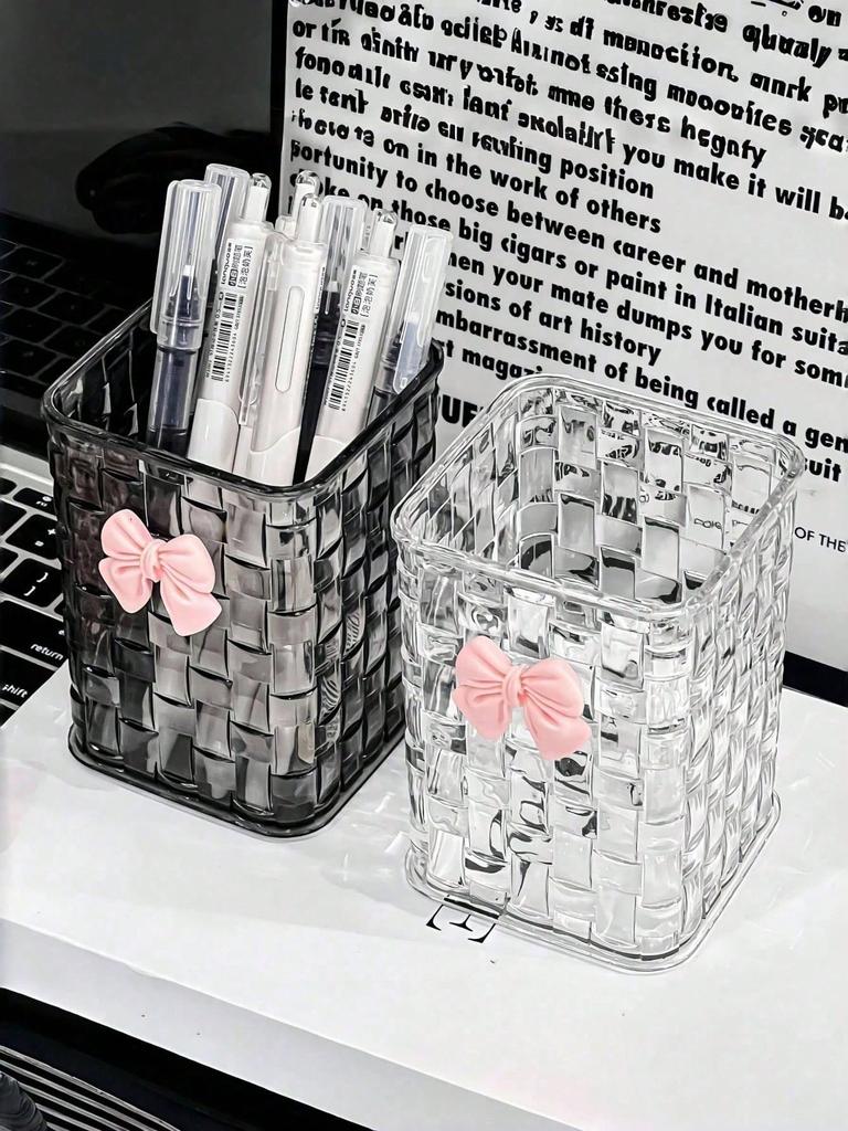 1pc Transparent Desktop Storage Box With Decorative Pink Bow,Pen Holder Cosmetic storage,Ideal For Back To School Supplies
