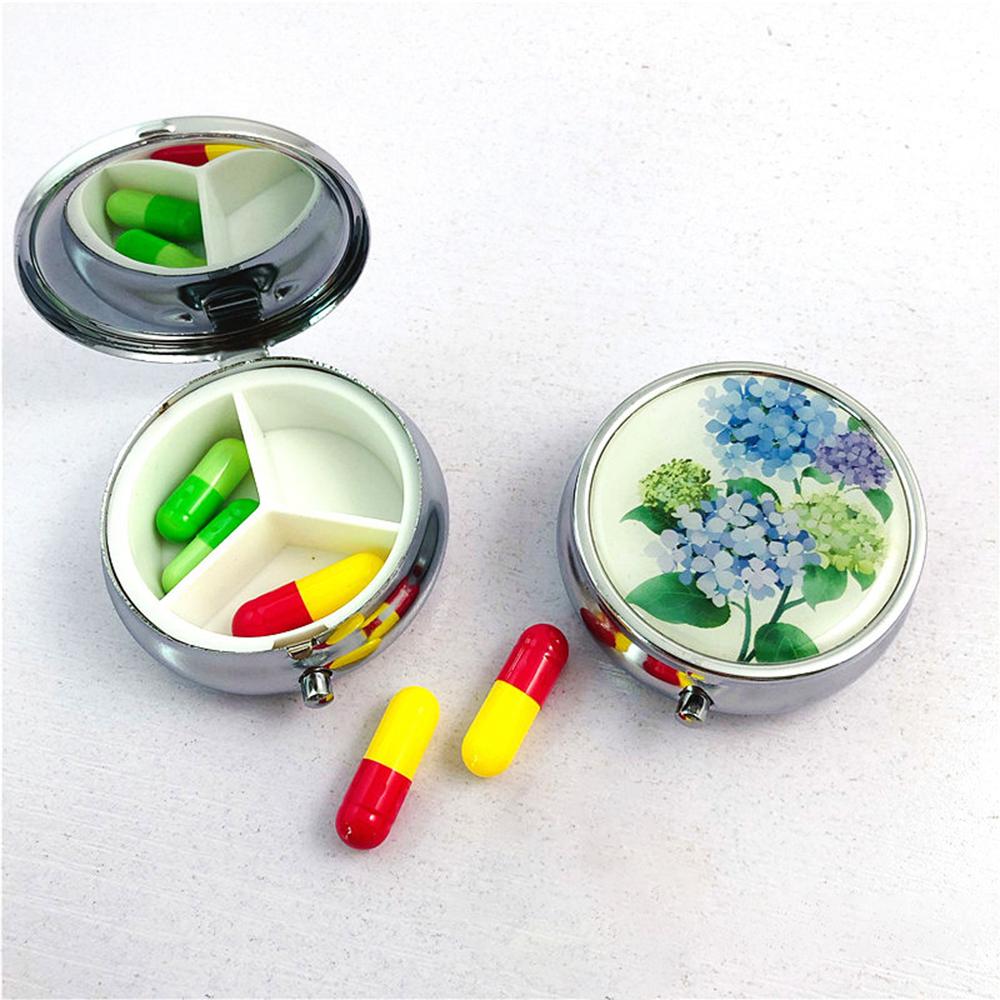 Flower Printed Metal Medicine Box, Circular Three Compartment Storage, Portable Travel Pill Box, Keychain