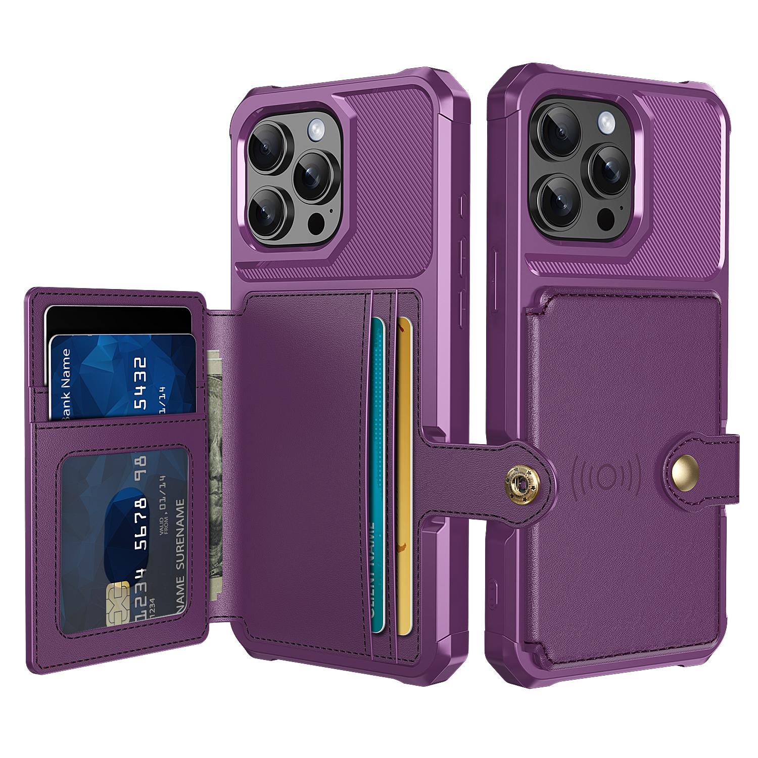 

For iPhone 16 Pro Phone Cases with Card Holder Shockproof PU Leather Back Cover Purple
