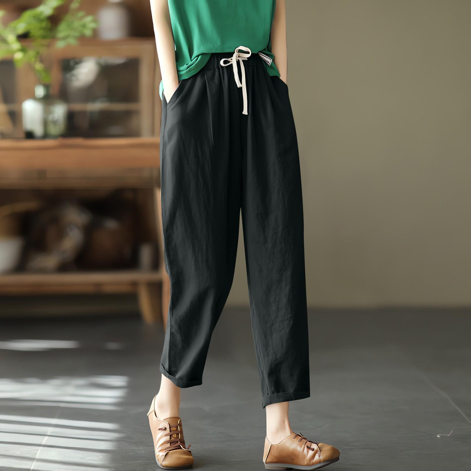 

Женские модные однотонные повседневные брюки из хлопка и пеньки с эластичной талией для похудения с маленькими ножками M чёрный