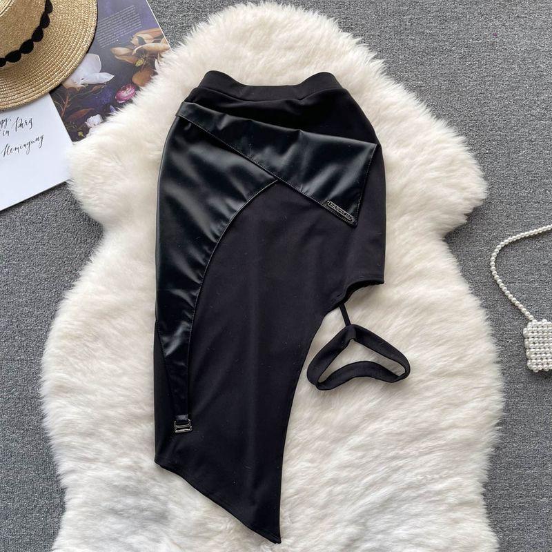 

Autumn and Winter Silm Pleating Patchwork Asymmetrical Leather Skirt Black S