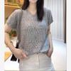 Women's Summer Knit Top with Flutter Sleeves - Breathable, Loose-Fit, Hollow Design, Short-Sleeve, Light Cardigan Style.