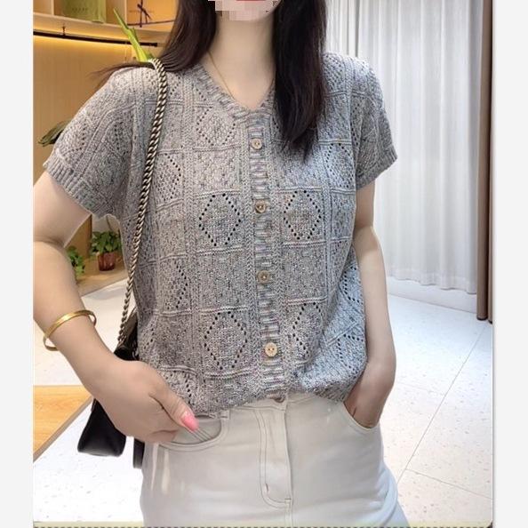 Women's Summer Knit Top with Flutter Sleeves - Breathable, Loose-Fit, Hollow Design, Short-Sleeve, Light Cardigan Style.