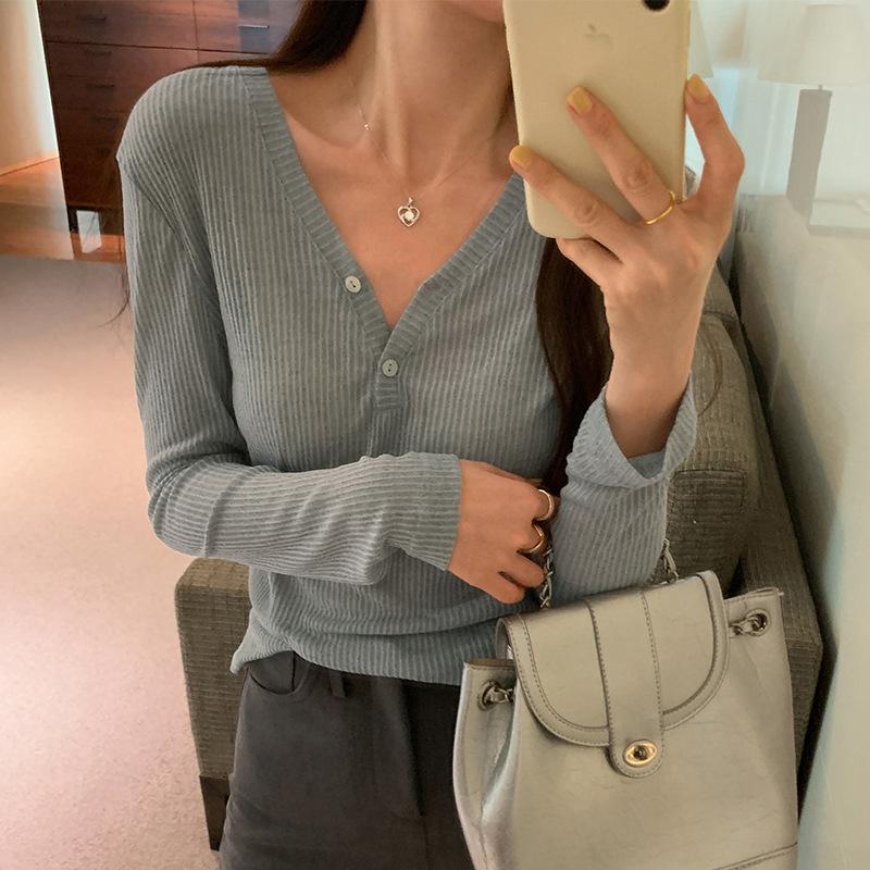 

Ранняя осень корейский стиль тонкий слегка прозрачный свитер с длинными рукавами для женщин новый дизайн ниша V-образный вырез пуловер топ XL