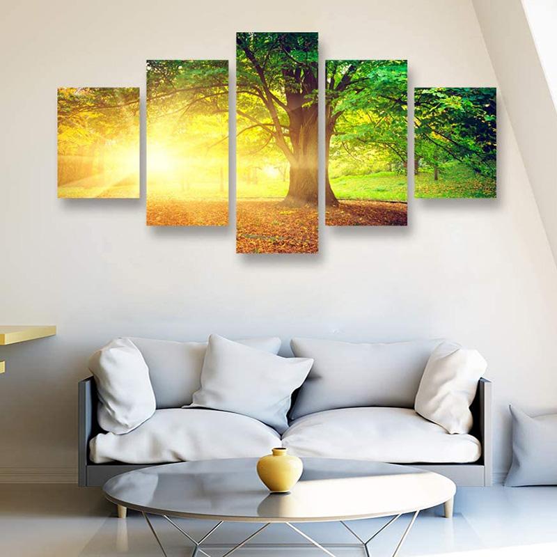 5 Panels Landscape Sunset Green Tree Forest Canvas Painting Posters and Prints Wall Art Pictures Living Room Home Decor No Frame