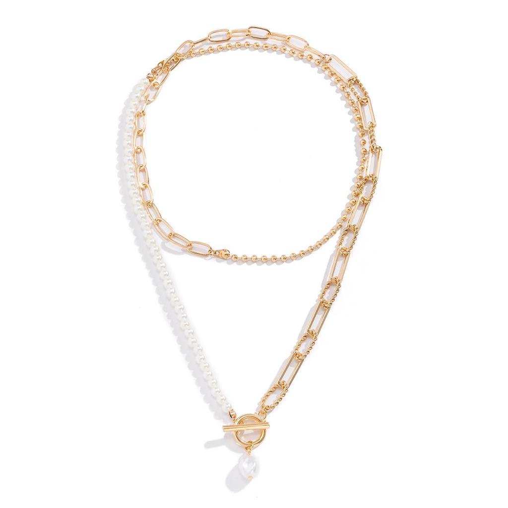 Versatile European-American Layered Necklace with Imitation Pearl, OT Buckle, Tassel, and Cross-Round Ring Design
