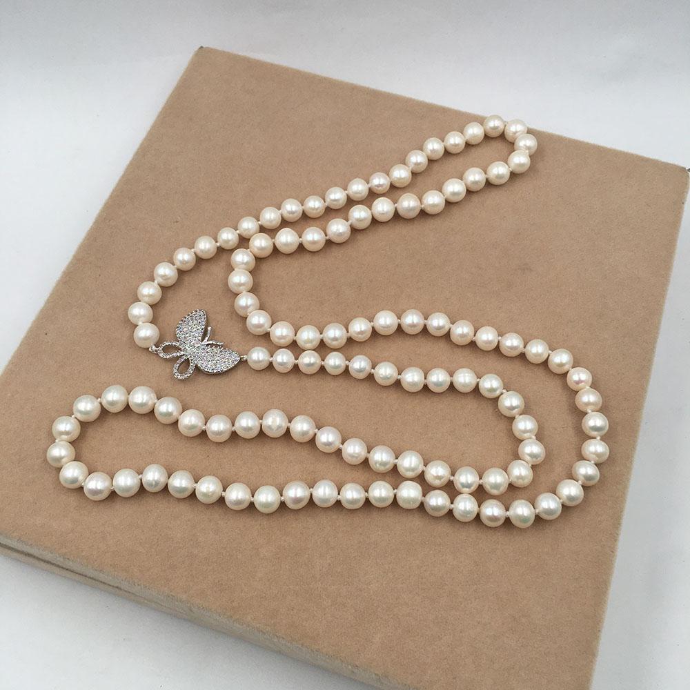 AA-grade 90 Cm Long Freshwater Pearl Necklace 7-8 Mm Round Sweater Pearl with Butterfly Accessories Good Quality Nature Necklace
