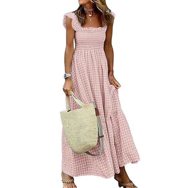 Women's Summer Retro Long Dress Spaghetti Strap Square Neck Plaid Maxi Dress Loose Big Swing Elegant Dress