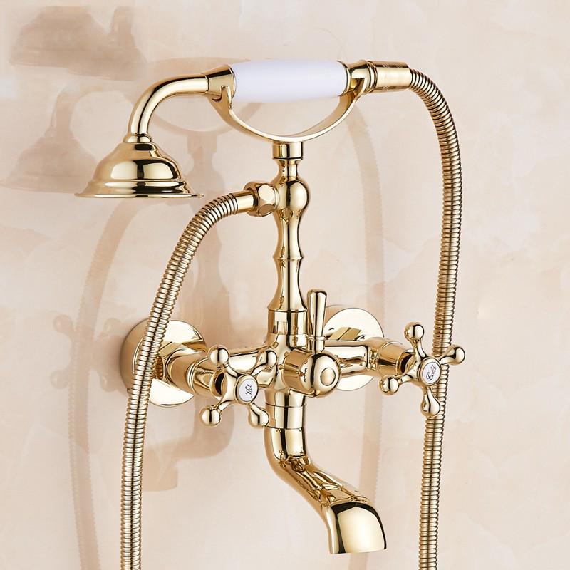 French Retro Full Copper Gold Shower Head Set with Hot and Cold Faucet
