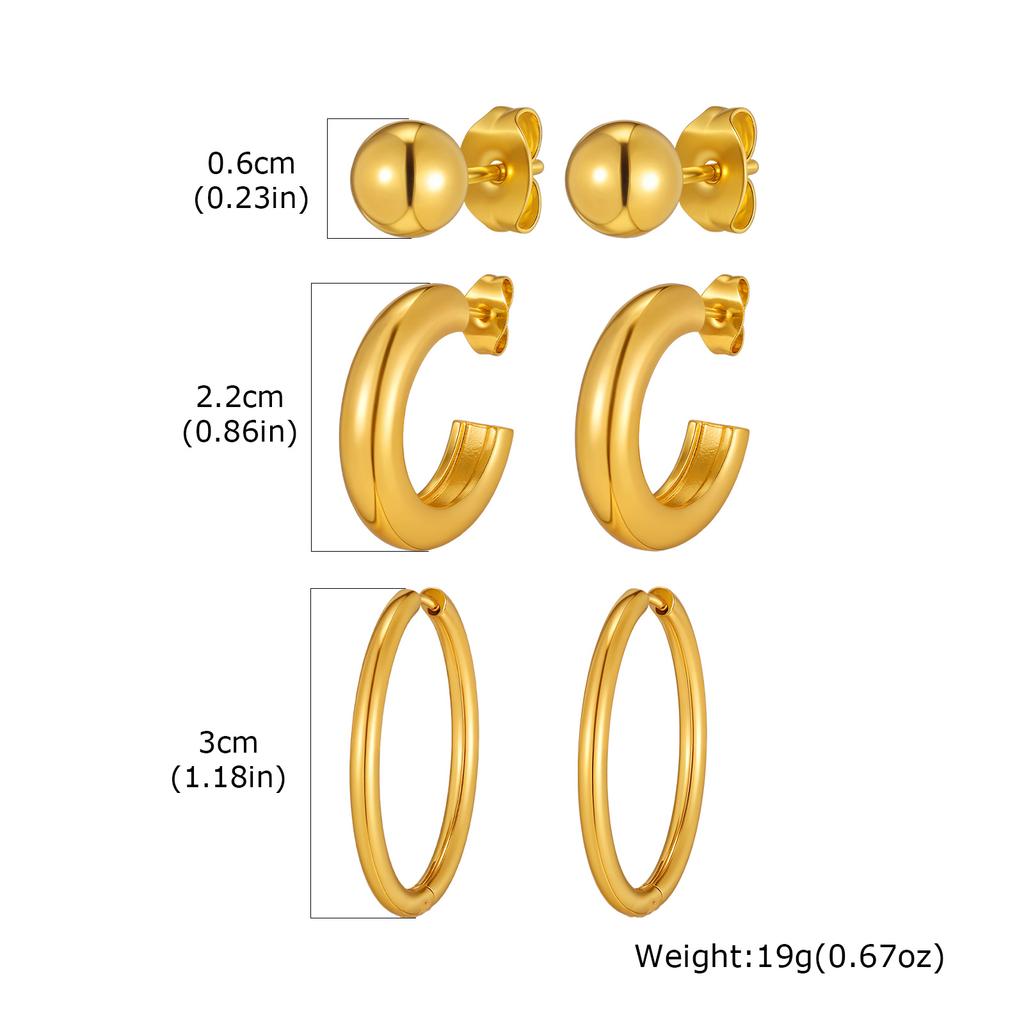 18K Gold Plated Stainless Steel Hoop Earrings, Hypoallergenic Ball Studs For Multiple Piercing Stack Women 3pcs in One Set