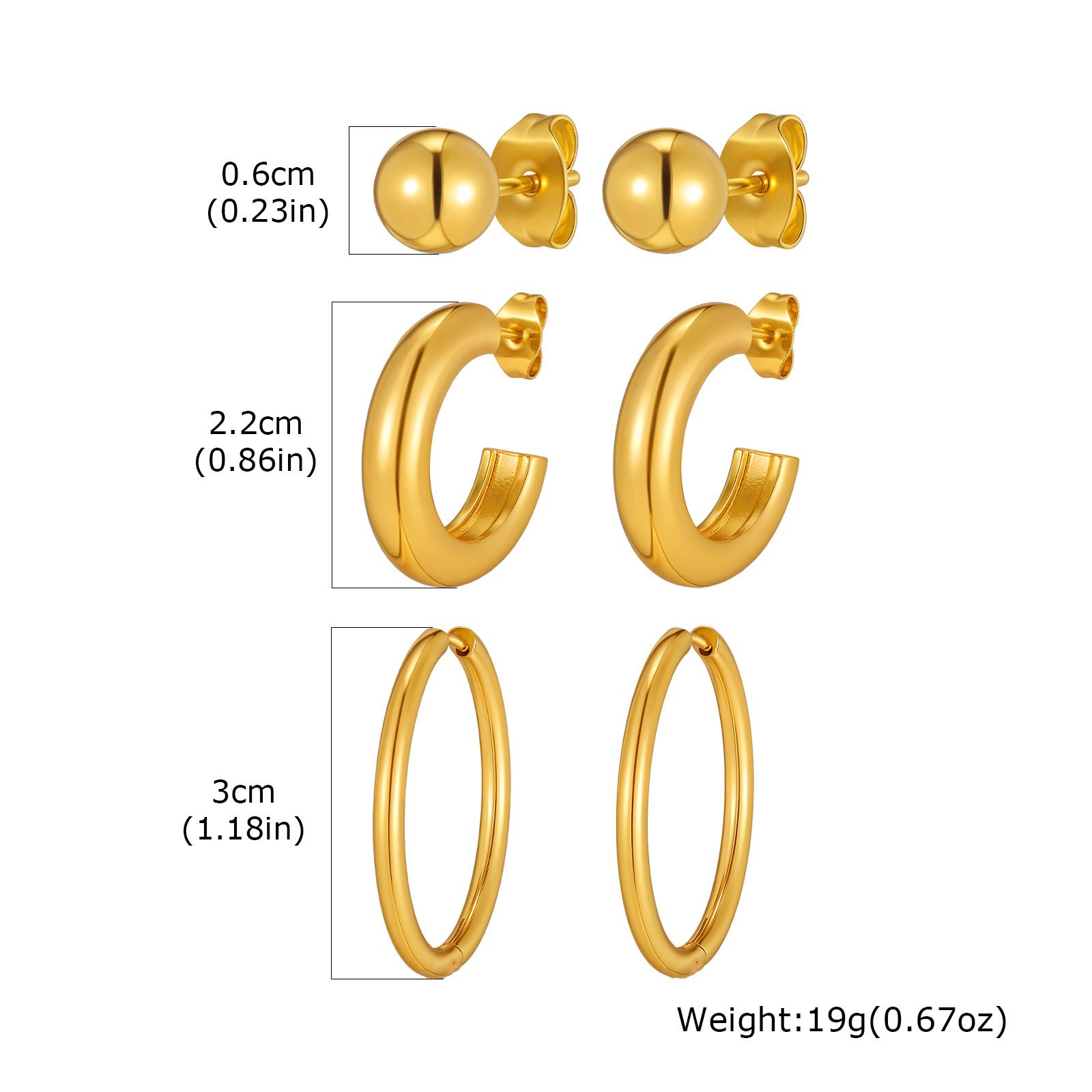 

18K Gold Plated Stainless Steel Hoop Earrings, Hypoallergenic Ball Studs For Multiple Piercing Stack Women 3pcs in One Set