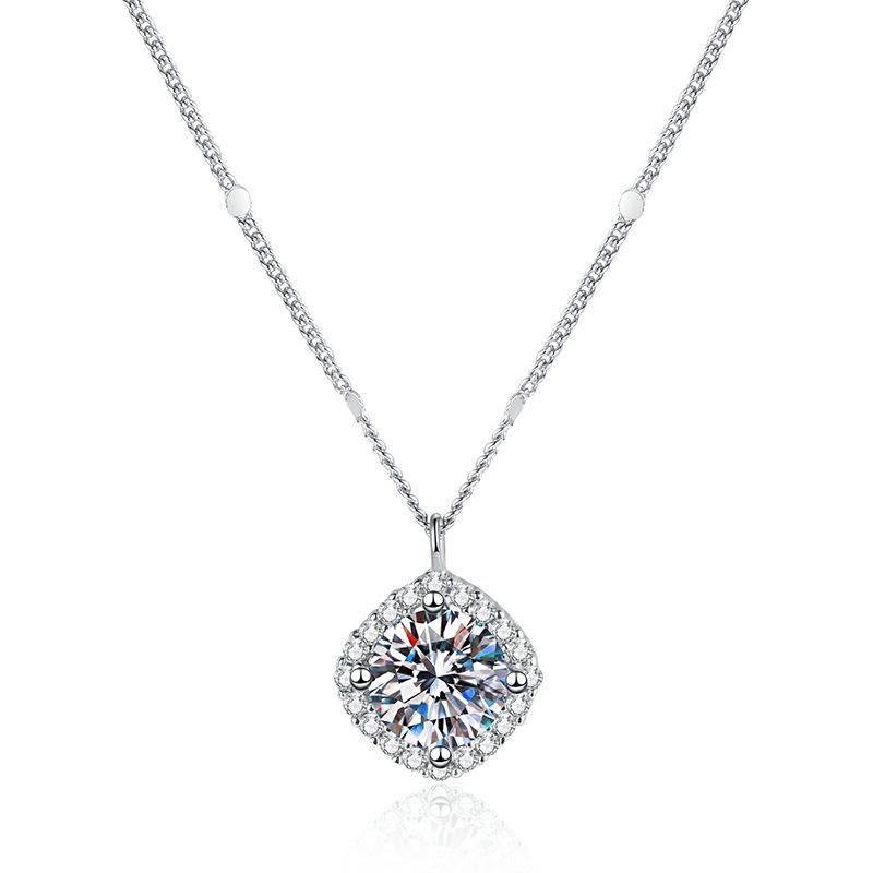 925 Sterling Silver Moissanite Necklace with Light Luxury Square Pendant - 1 Carat D Color Diamond for Women