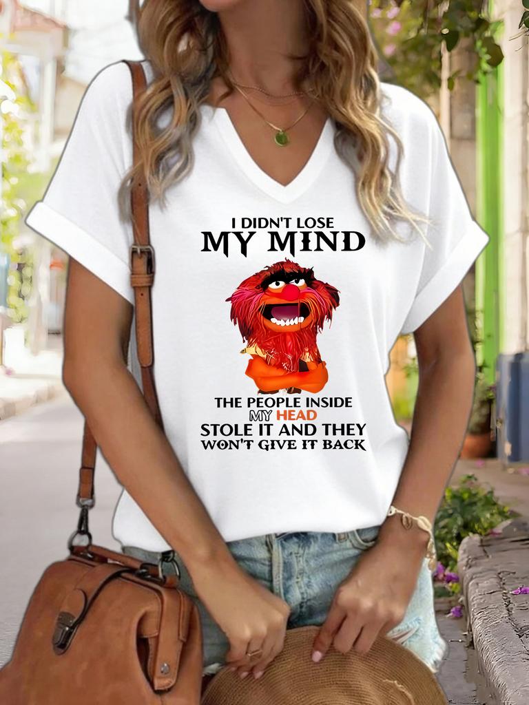 Women's V-Neck "I Didn't Lose My Mind" Graphic Tee, Funny Cartoon Print T-Shirt, Casual Short Sleeve Humor Top