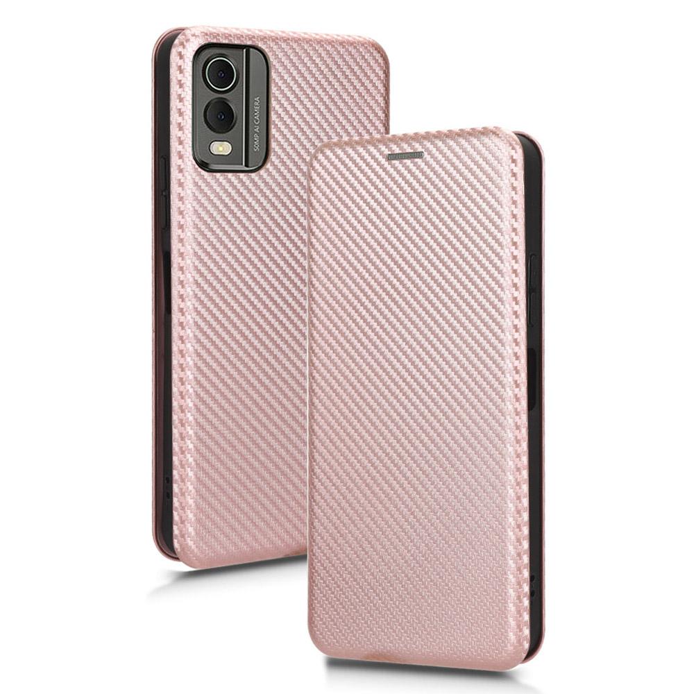

For Nokia C32 PU Leather Carbon Fiber Texture Cover Card Holder Stand Phone Case Rose Gold