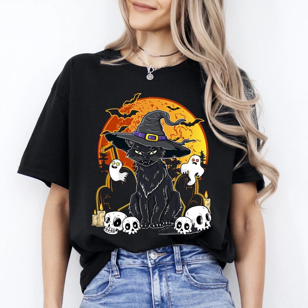 Black Cat Halloween Unisex T-Shirt Scary Spooky Ghosts Skulls Cat In Hat Tee Bla