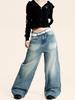 Yongfang Unisex Retro Blue Jeans: Casual Washed, Whiskered, Trendy Straight-Leg, Loose-Fit Pants